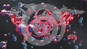 Animation of biohazard symbol and virus cells over burning world map