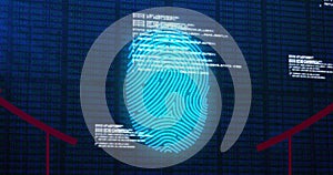 Animation of biometric fingerprint scan over processing data on dark interface screen