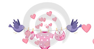 Animation of birds holding string with baby clothes over white background with hearts