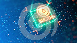 Animation of bitcoin logo on a abstract virtual hologram. Financial animated hi-tech theme background