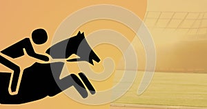 Animation of black jockey on horse riding over orange background