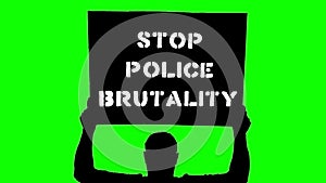 Animation. black silhouette of protester holds poster, banner above his head, with slogan- Stop police brutality. Green