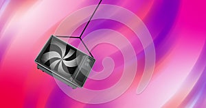Animation of black and white stripes spinning over retro tv on purple and pink background