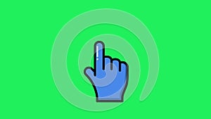 Animation blue hand mouse cursor on green background.