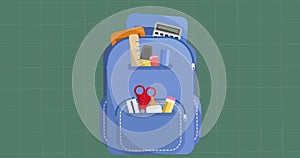 Animation of blue school bag with school items on green background