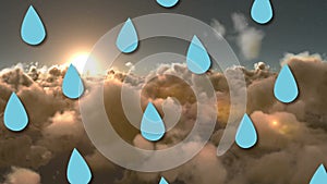 Animation of blue water drops falling over clouds and sunset sky