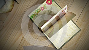 Animation of a book opening, with winding leafs and curtains conceptual background