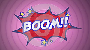 Animation of boom text over a speech bubble against concentric circles on purple background