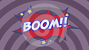Animation of boom text over a speech bubble against rays in seamless pattern on purple background