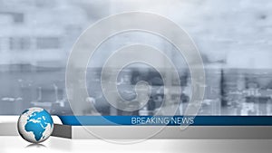 Animation of breaking news text with globe over out of focus cityscape