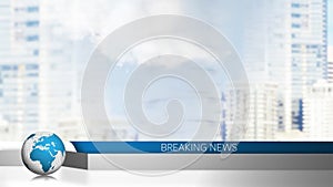 Animation of breaking news text with globe over out of focus cityscape