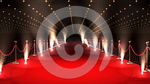 Animation of burning document over red carpet venue with moving spotlights