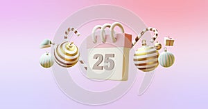 Animation of calendar with numer 25 and christmas decorations on pink background