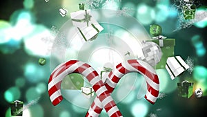 Animation of candy canes, christmas boubles and presents and snow falling over green background