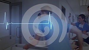 Animation of cardiograph over caucasian doctors running with patient in hospital bed