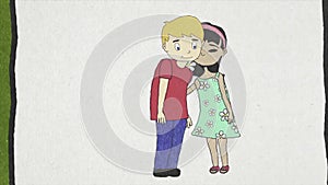 Animation of cartoon boy giving a flower to a girl and she is kissing his cheek. Teens relationships.