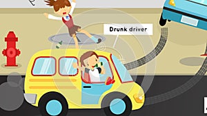 Animation cartoon gifographic accidents, injuries, danger and safety caution on traffic road by cars for education