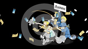 Animation cartoon of how wealthy business owner or CEO run business with salary man and office employee with incentives bonus