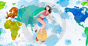Animation of cartoon woman surfboarding over world map on white background with blue stains