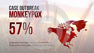 Animation of case outbreak monkeypox, 0 text, map over caucasian wan walking in fields