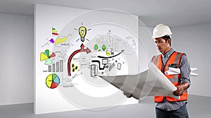Animation of caucasian builing worker over data processing and icons