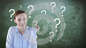 Animation of a Caucasian woman whispering over question marks appearing on a blackboard