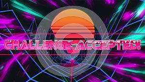 Animation of challange accepted text over digital mountains on black background