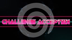 Animation of challange accepted text over geometrical shapes on dark background