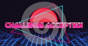 Animation of challenge accepted text banner against blue glowing grid network and digital waves