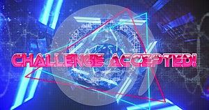 Animation of challenge accepted text banner over neon blue glowing tunnel in seamless pattern