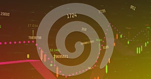 Animation of changing numbers and financial data processing on orange gradient background