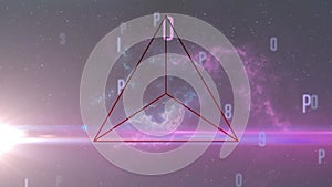 Animation of changing numbers and letters with triangle and lightbeam over cosmos