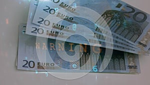 Animation of changing numbers and virus alert over euro banknotes