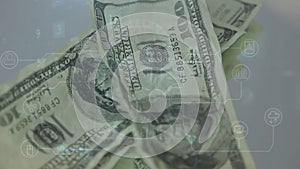 Animation of changing numbers and virus alert over falling dollar banknotes