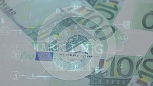 Animation of changing numbers and virus alert over falling euro banknotes