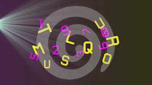 Animation of changing pink numbers and yellow letters over lightbeam on black background