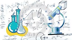 Animation of chemical equipement icons over mathematical equations on white background