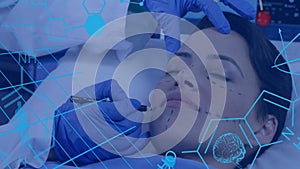 Animation of chemical formula over surgeon preapring patient for surgery