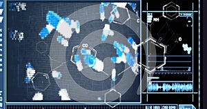 Animation of chemical formulas over digital screen with bacteria and data