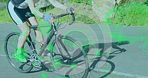 Animation of chemical models and data processing over caucasian woman riding bicycle on road