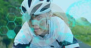 Animation of chemical models and data processing over caucasian woman riding bicycle on road