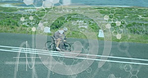 Animation of chemical models and data processing over caucasian woman riding bicycle on road