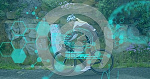 Animation of chemical models and data processing over caucasian woman riding bicycle on road