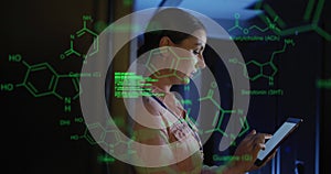 Animation of chemical structures against caucasian female engineer using tablet at server room