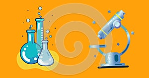 Animation of chemistry beakers and microscope over orange background