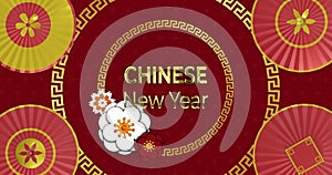 Animation of chinese new year ext over chinese pattern on red background