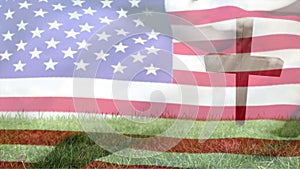 Animation of christian cross and grass over waving flag of usa