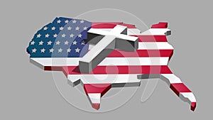 Animation of christian cross over map with flag of usa