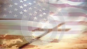 Animation of christian cross shadow and clouds over waving flag of usa