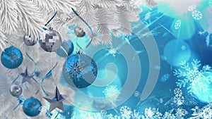 Animation of christmas boubles over blue background with snow falling